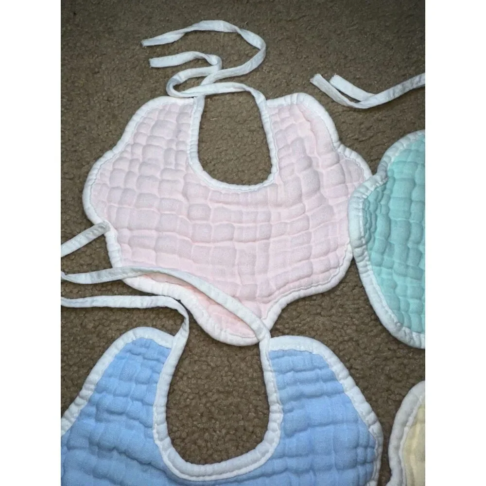 5 Scallop Edge, Pastel Color, Muslin Material Baby Bibs, White Trim, 100% Cotton
